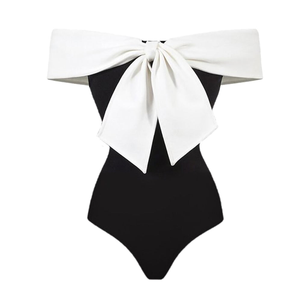 Black And White Colorblocked One-shoulder Bikini One-piece Slim Fit Open-back Bow Design Swimsuit Women Elegant Straps Cover up