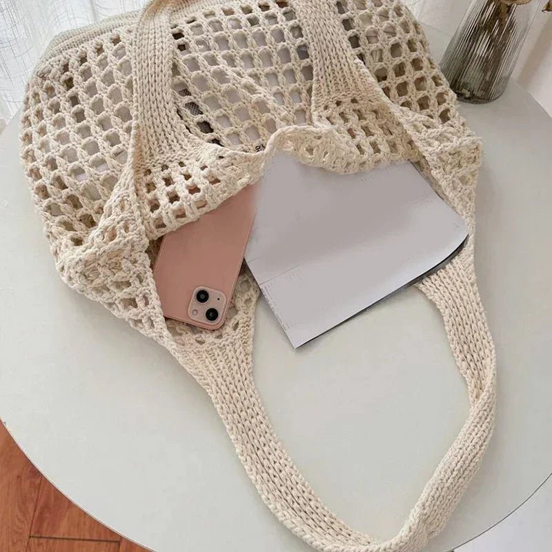 Women Crochet Tote Bag Hollow Beach Bag Large Capacity Fashion Knitted Bag Solid Color Simple Shopping Bag for Travel Vacation