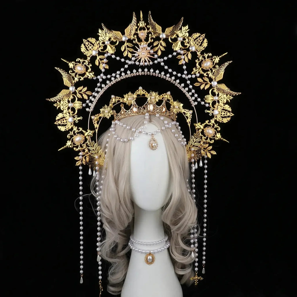 Sun Goddess Angel KC Halo Crown Headpiece Queen Anna Baroque Pearl Tiara Headband Lolita Collection Gothic Accessories - LUXLIFE BRANDS