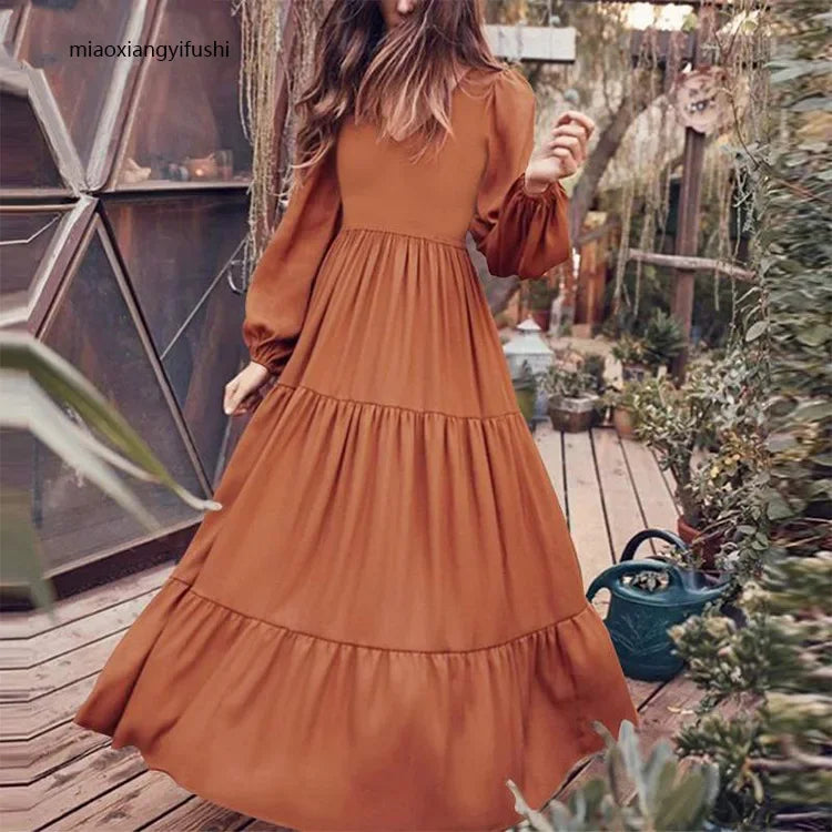 Boho Fashion Women's Dress 2024 Summer Casual Fashion Long Light Dress Crew Neck Loose Sleeves Art Long Vintage Dress