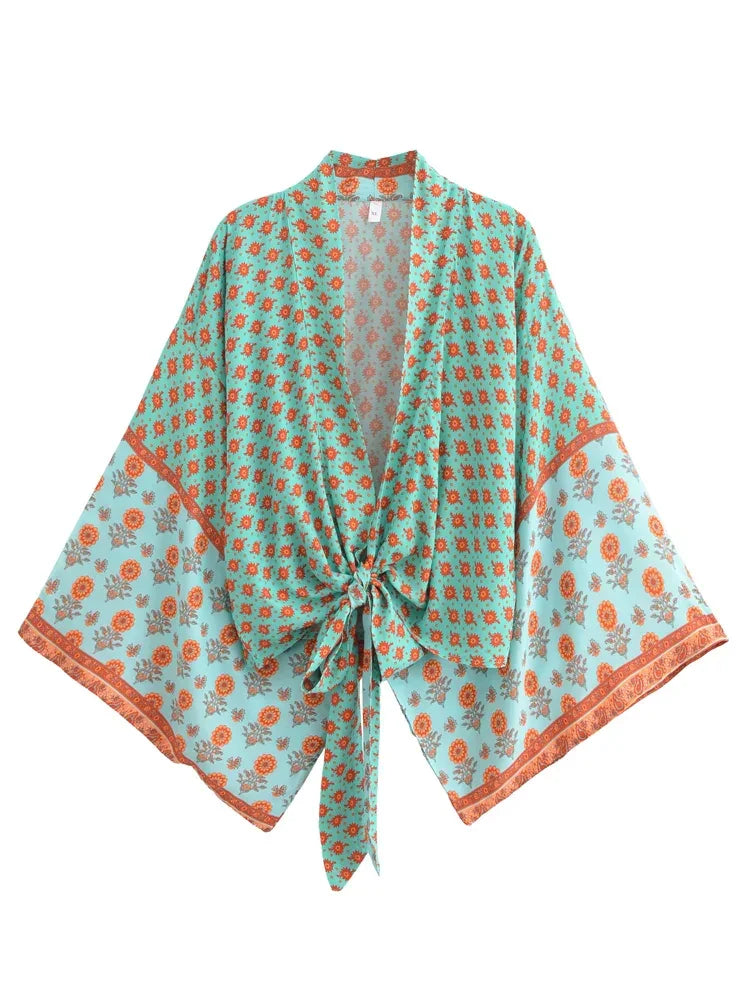 Vintage Green Floral Boho Kimono Short Beach Robe