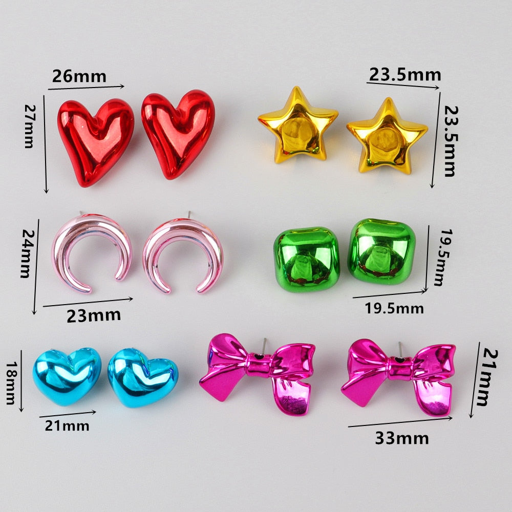 New 6 pair/set Metallic Color Acrylic Y2K Stud Earrings for Women Rock Heart Moon Star Bowknot Square Earring Korea Jewelry Sets