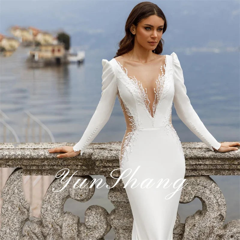 Yunshang Elegant Wedding Dress Women 2023 Mermaid Illusion Open Long Sleeve Back Lace V-Neck Bridal Gown Train Vestidos De Novia LUXLIFE BRANDS