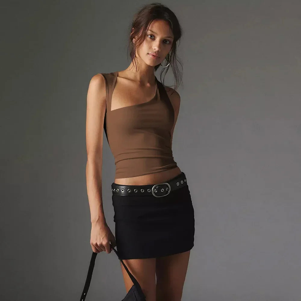 Y2K Girls Summer Going Out Tank Crop Tops One Shoulder Outfits Sleeveless Slim Fit Cute Preppy Tshirts