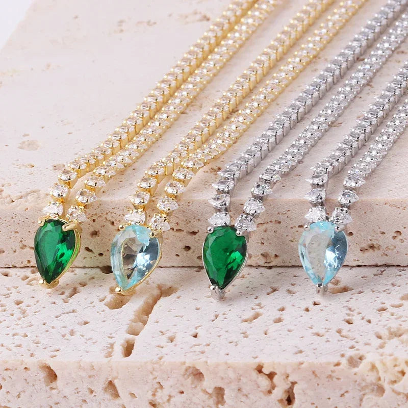 High Quality Iced Out Chain Water Drop Cubic Zirconia Light Blue Necklace for Women 18K Gold Plated Bridal Wedding Party Jewelry LUXLIFE BRANDS