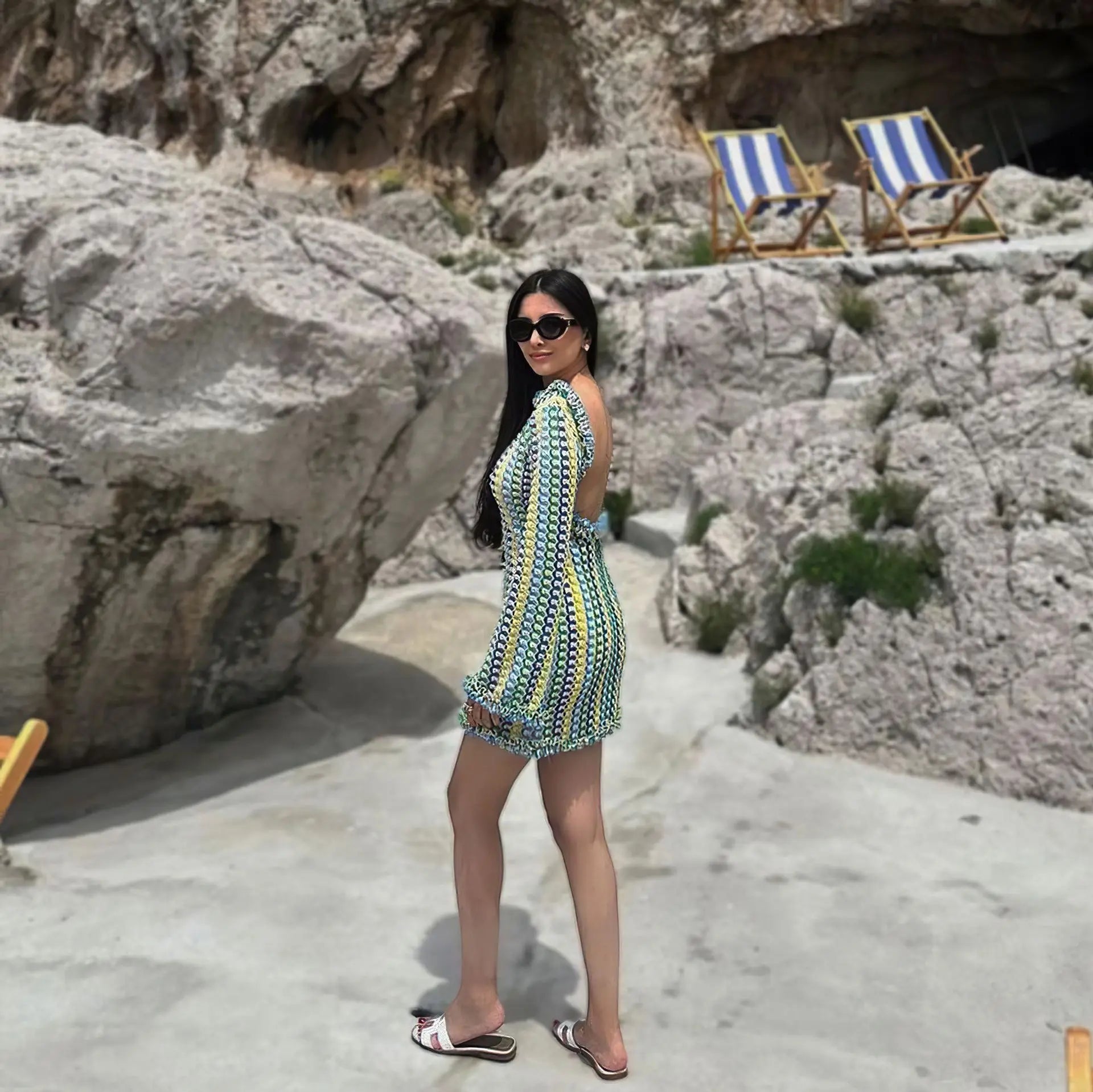 Sexy Backless Flare Sleeve Lace Knit Cut Out Party Beach Maxi Dress 2025 Summer Women Vacation Beachwear Swimsuit Cover Up A2815 Luxlife Brands