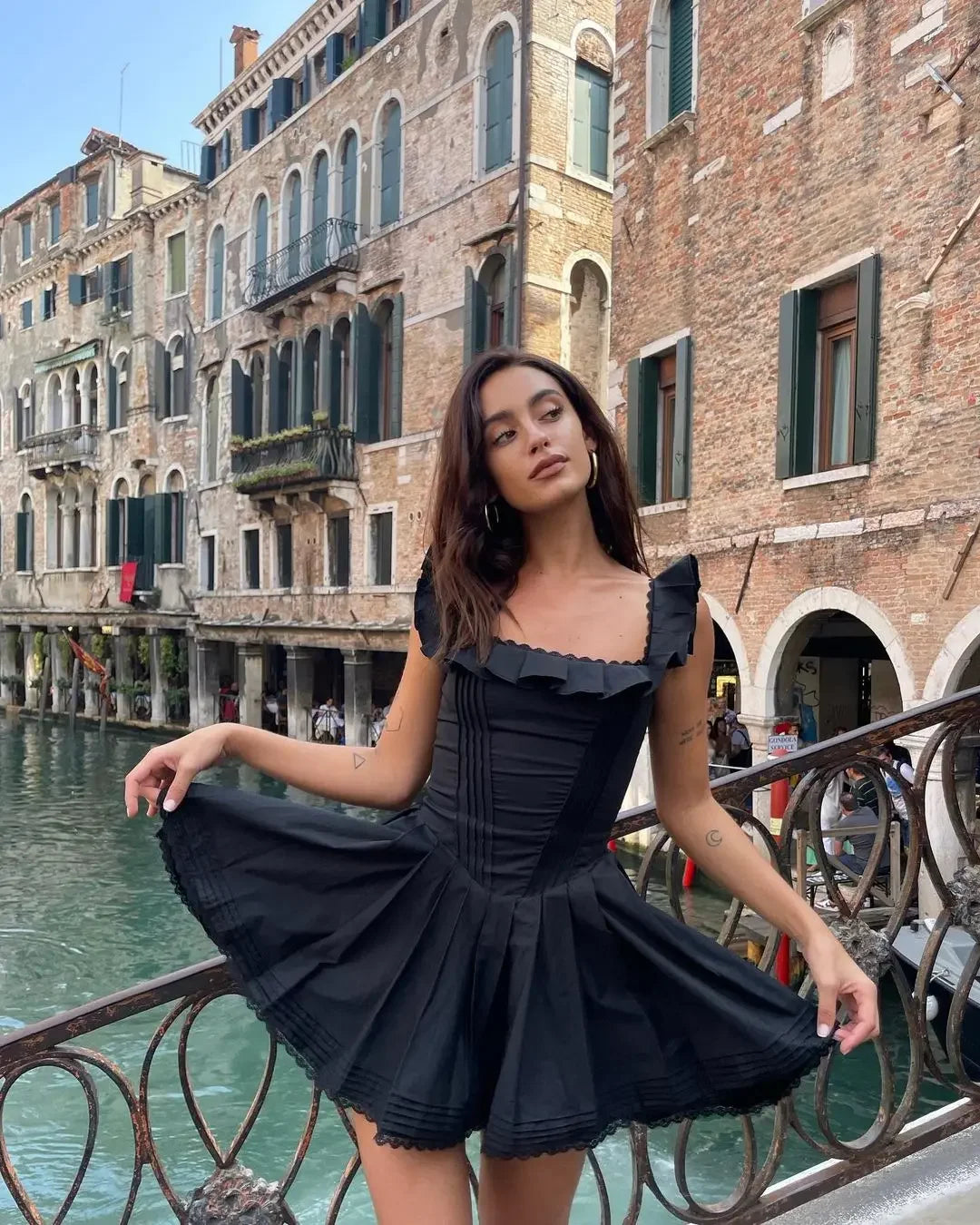 Bella Black Square Neck Pleated Mini Dress