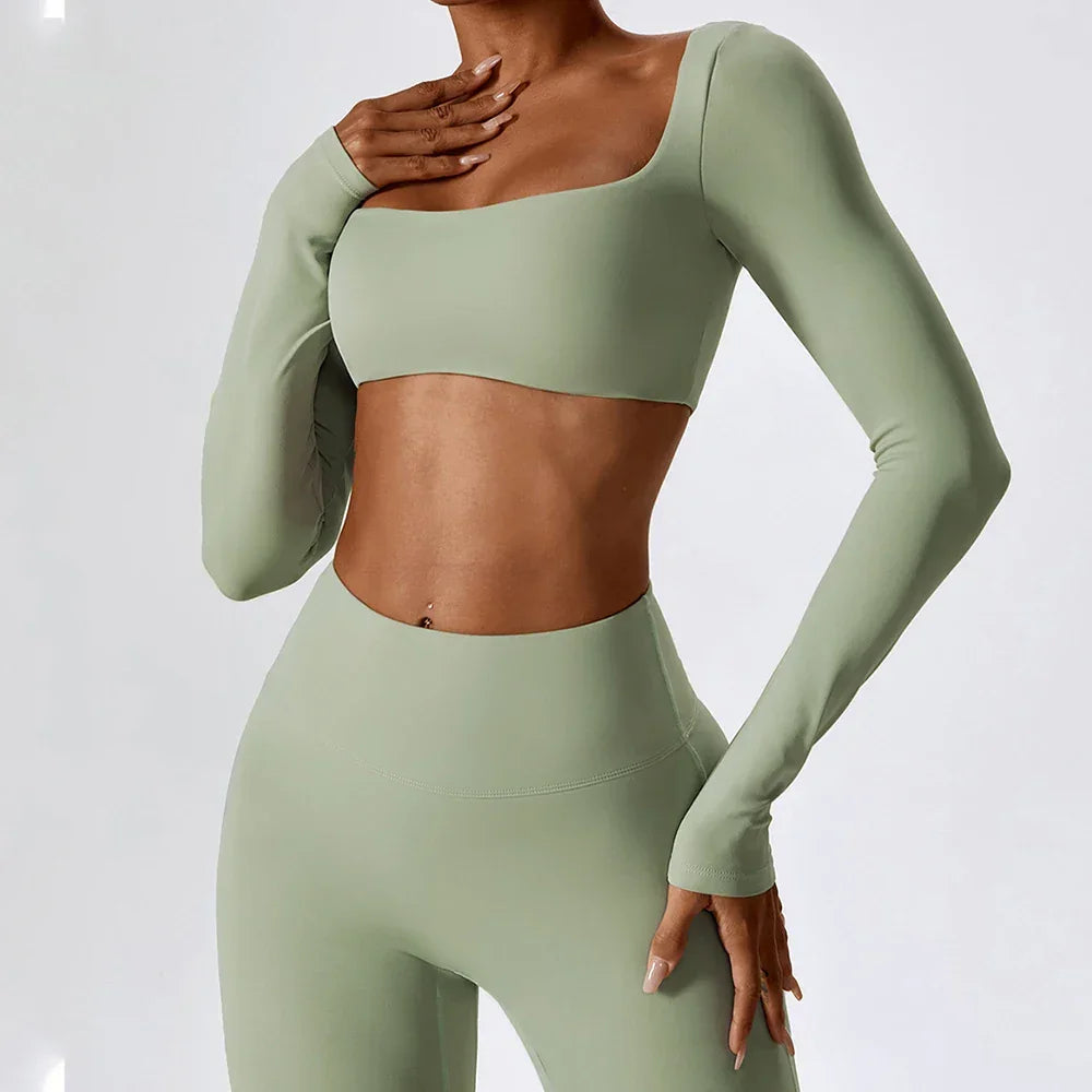 Yoga Shirts Fitness Long Sleeve Women Sport Crop Top Women Square Neck Gym Top Yoga T-Shirt Clothing Casual Quick Dry Sportswear