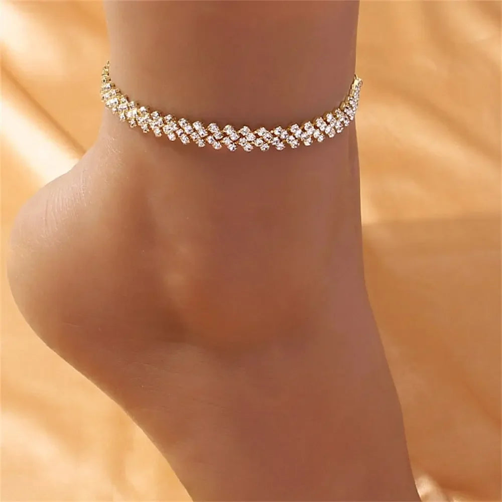 Ins Fashion Silver Color Rhinestone Double Heart Anklet for Women Bling Hollow Out Love Foot Ankle Leg Bracelet Chain Jewelry