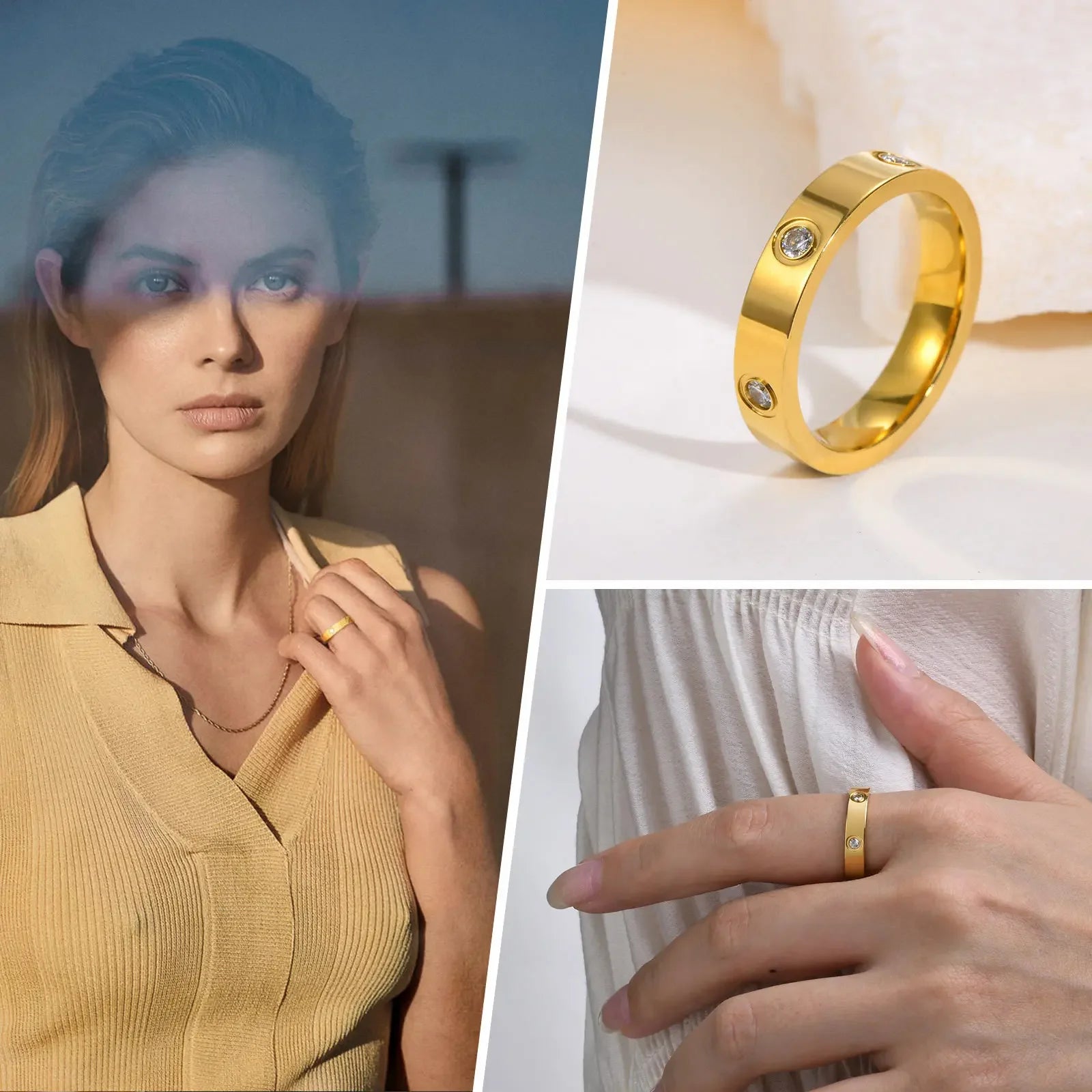 Dainty Cubic Zirconia Love Promise Rings For Women, Gold Plated Stainless Steel Wedding Band Jewelry To Girls Lover