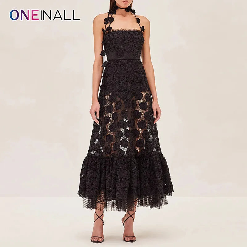 ONEINALL Patchwork Lace Up Backless Dress For Women Strapless Sleeveless High Waist Minimalist Elegant Long Dresses Female New