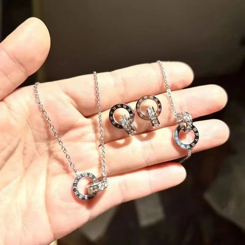 3 PCS Fashion Roman Digital Double Ring Pendant Necklace Bracelet Tiny Earrings Jewelry Set For Women Korean Style Daily Wear Luxlife Brands