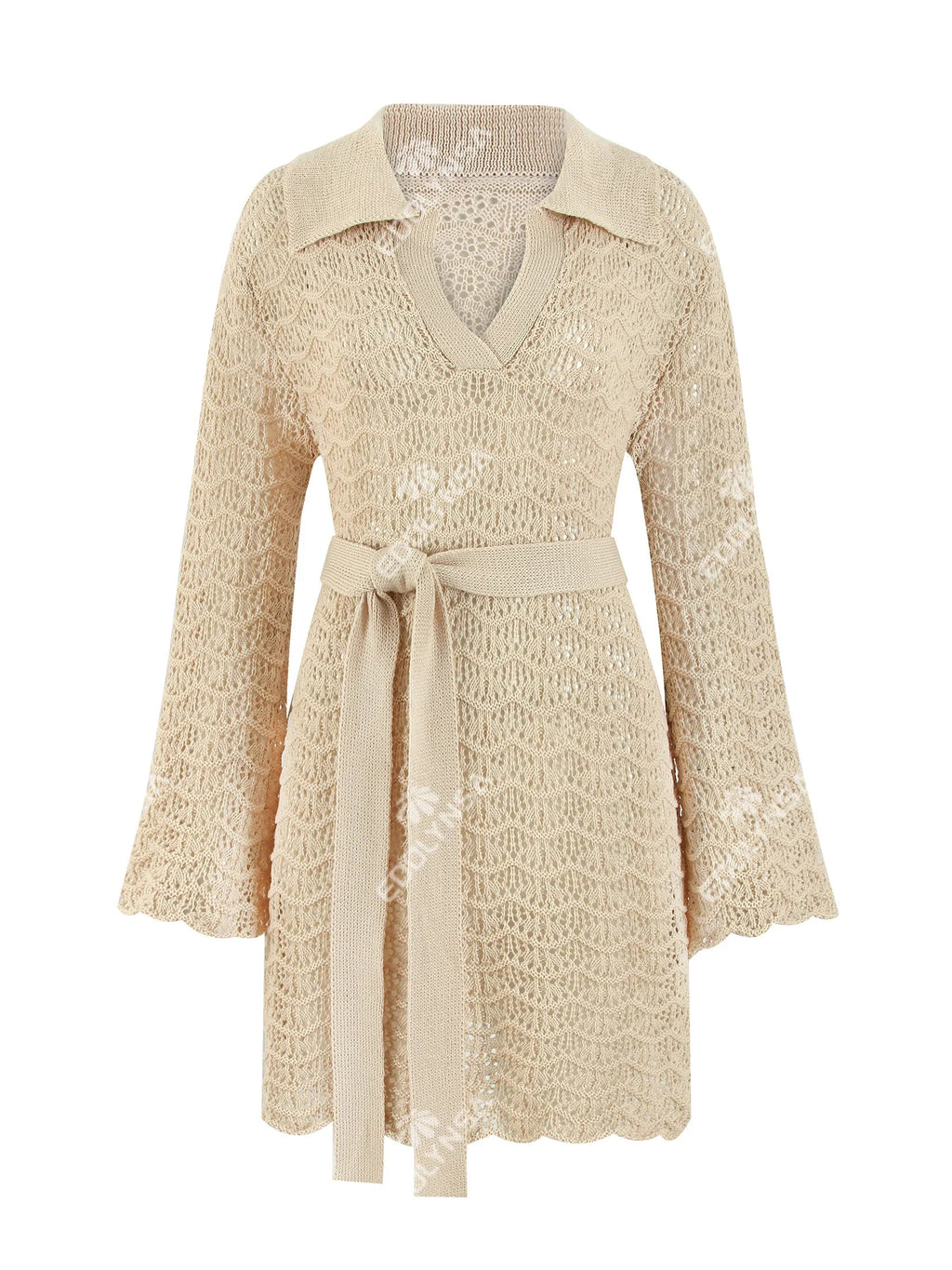 Sexy Shirt V-neck Bell Sleeve Hollow Out Knitted Belted Beach Mini Dress 2025 Summer Swimsuit Cover Up Women's Casual Outfit K16 Luxlife Brands