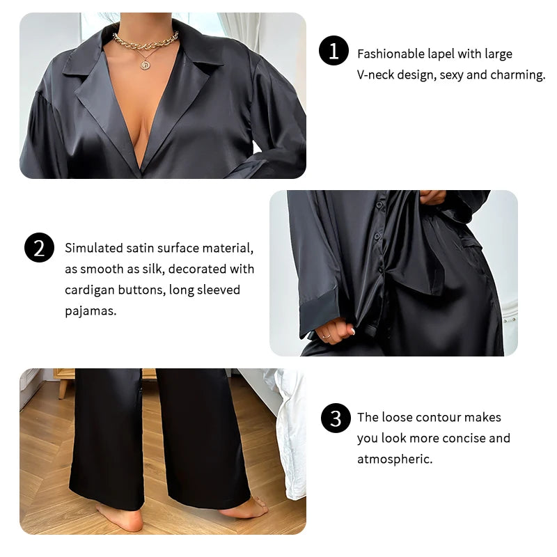 Women's Satin Silk Sleepwear Low Cut Sexy Home Clothes Pajamas For Femme Single-Breasted Long Sleeves Wide Leg Pants Trouser Set