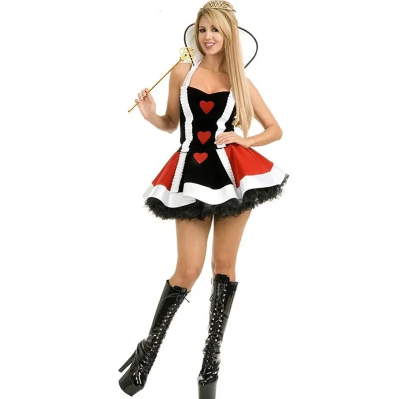 Adult Women Red Queen Of Heart Cosplay Dress Halloween Masquerade Alice in Wonderland Vampire Queen Fancy Costume