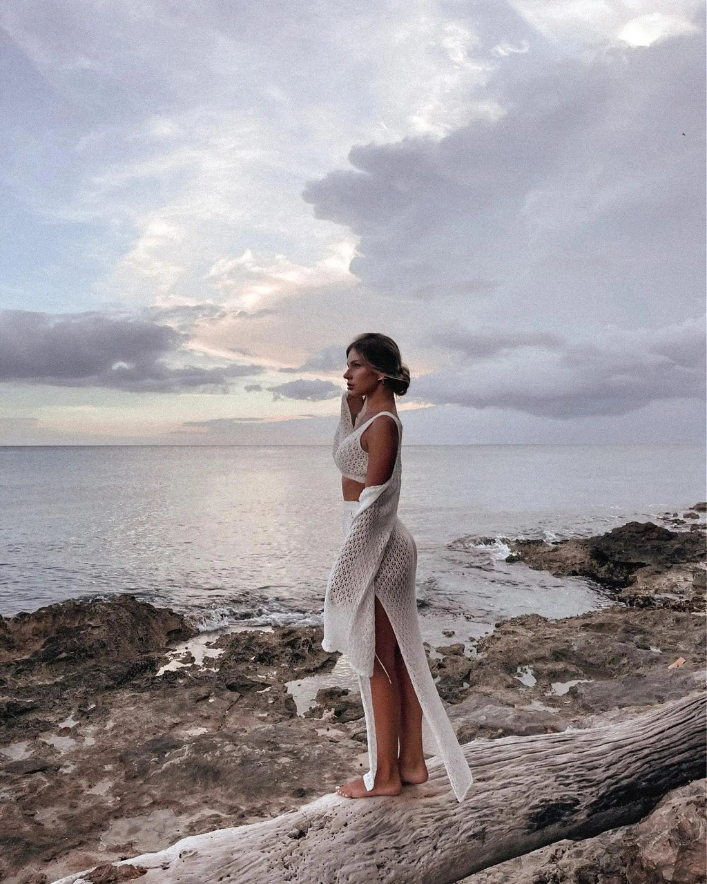 Sexy Knit Set White Cut Out Swimsuit Cover Up 2025 Women's Summer Bell Sleeve Lace-up Loose Top Beach Half Skirt Two-piece K136 Luxlife Brands