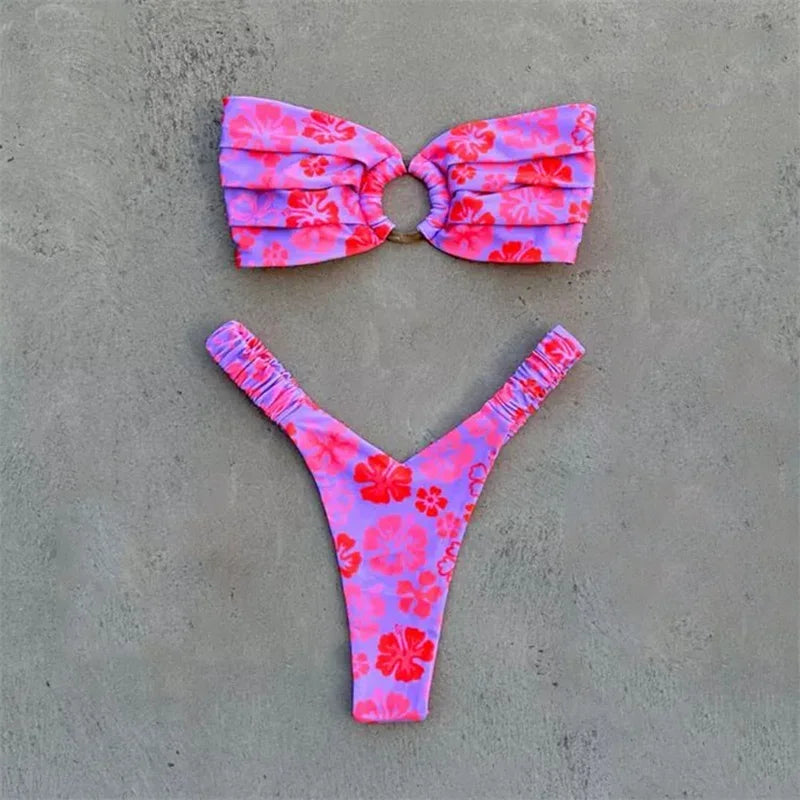 Para Praia Print Bandeau Swimsuit 2023 Sexy Thong Swimwear Women Brazilian Bikini Set Strapless Biquini Beachwear Bathing Suit LUXLIFE BRANDS
