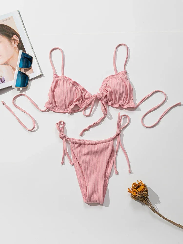 New 2024 Sexy Swimsuit Pit stripe Bikini Women Swimwear  Bathing Suits Push Up Biquinis Bandage Beachwear Solid Bikini Sets