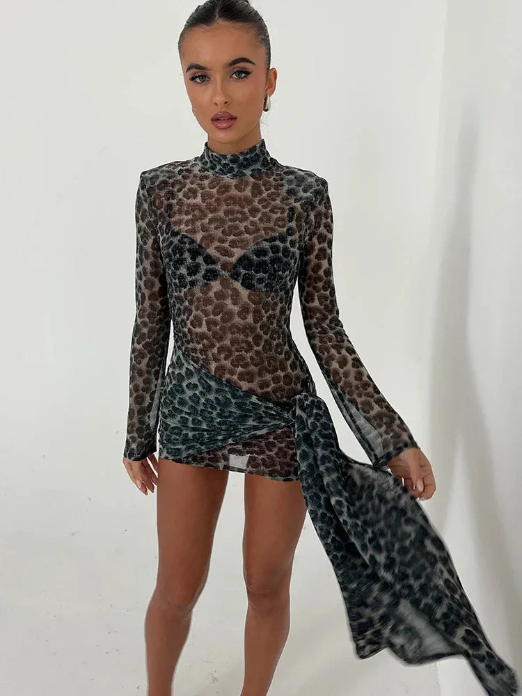 Fantoye Turtleneck Sexy Sheer Print Leopard Bandage Women Dress Long Sleeve Mini Dress Lady Spring Slim Elegant Party Club Dress Luxlife Brands