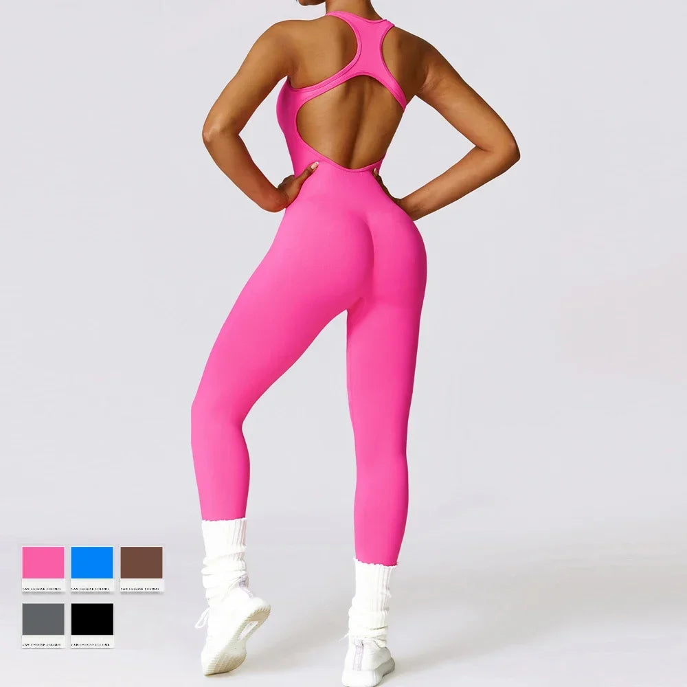 Seamless Gym Sport Jumpsuit Women Sportswear Sexy Hollow Backless Scrunch Fitness Overalls Push Up One Pieces Outfit Yoga Wear