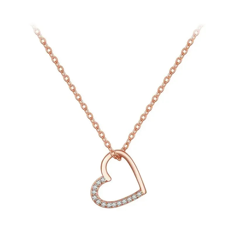 BISAER 925 Sterling Silver Simple Love Heart Pendant Necklace Zircon Adjustable Chain For Women Wedding Fine Jewelry 3 Colors