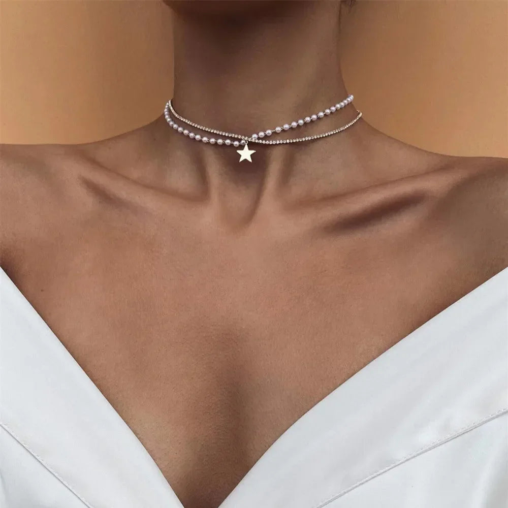 Vintage Silver-plate Geometric Exaggerated Artificial Pearl Chain Necklace For Women Female Fashion Boho Y2K Girl Jewelry Gift