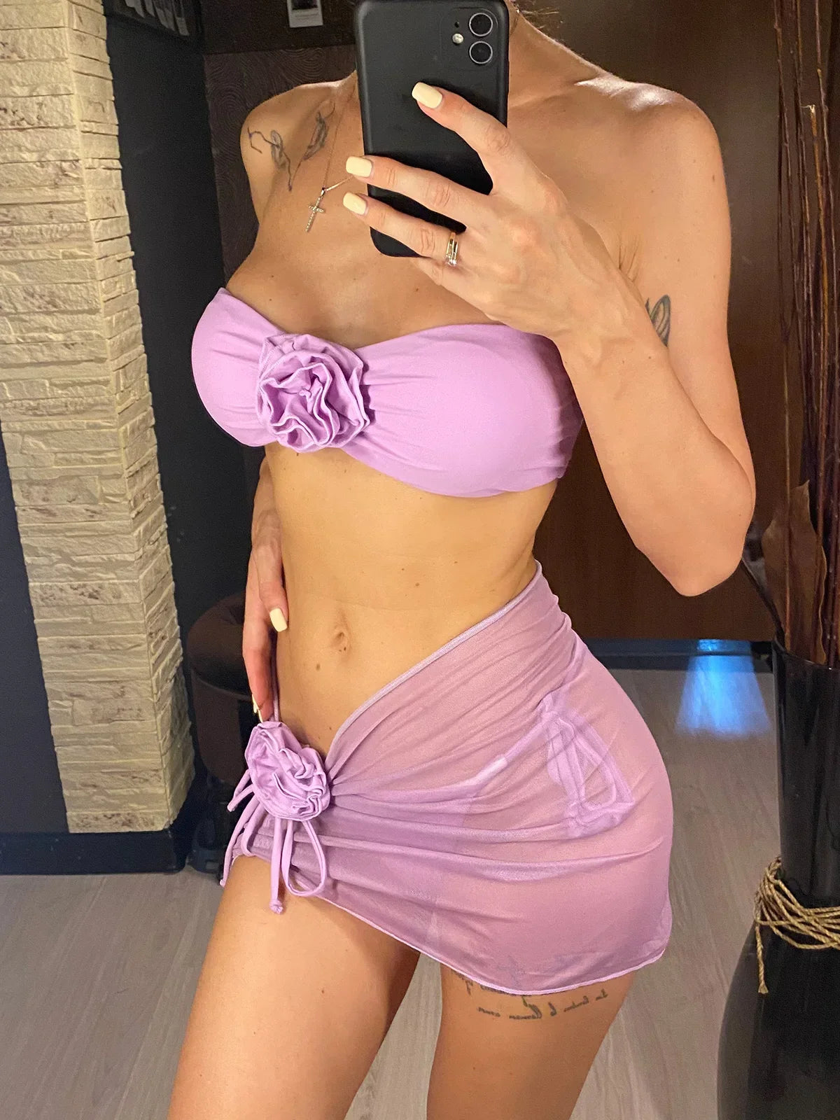 New 3D Flowers With Sarong Bandeau Bikini Female Swimsuit Women Swimwear Three-pieces Bikini set Bather Bathing Suit Swim V5526