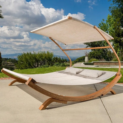 LUXHOME Teak Outdoor Daybed Hammock with Adjustable Shade Canopy