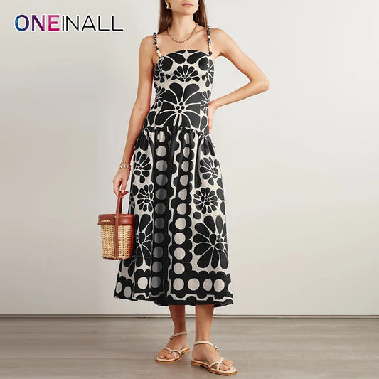 ONEINALL Colorblock Printing Floral Dresses For Women Square Collar Sleeveless High Waist Backless Elegant Dress Female Clothing