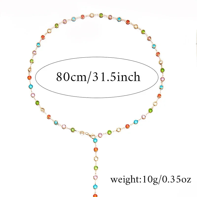 Boho Fashion Y2K Colorful Glass Pearl Long Y-Shaped Necklace Metal Collarbone Chain Holiday Travel Party Body Jewelry Accessory