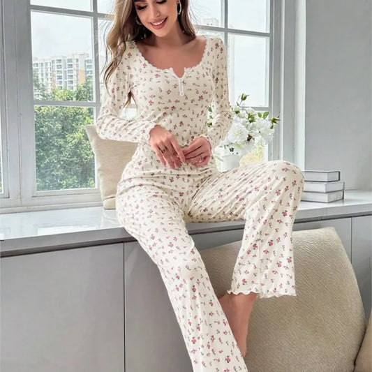 Women Floral Print Pajama Sets Long Sleeve Top +Pants Lovely Loungewear Set Female Home Clothes Elastic Waistband Nightwear Suit