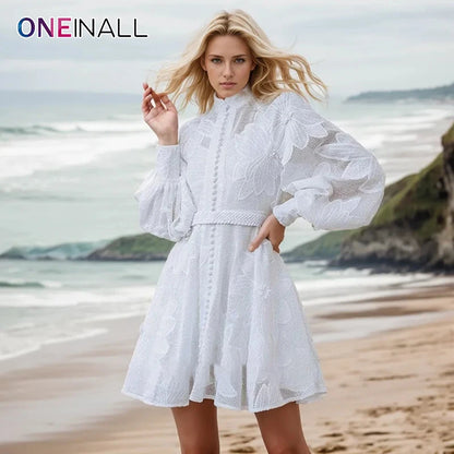 ONEINALL Spring Patchwork Lace Dresses For Women Stand Collar Long Sleeve High Waist Spliced Ruffle Dress Runway Floral Female