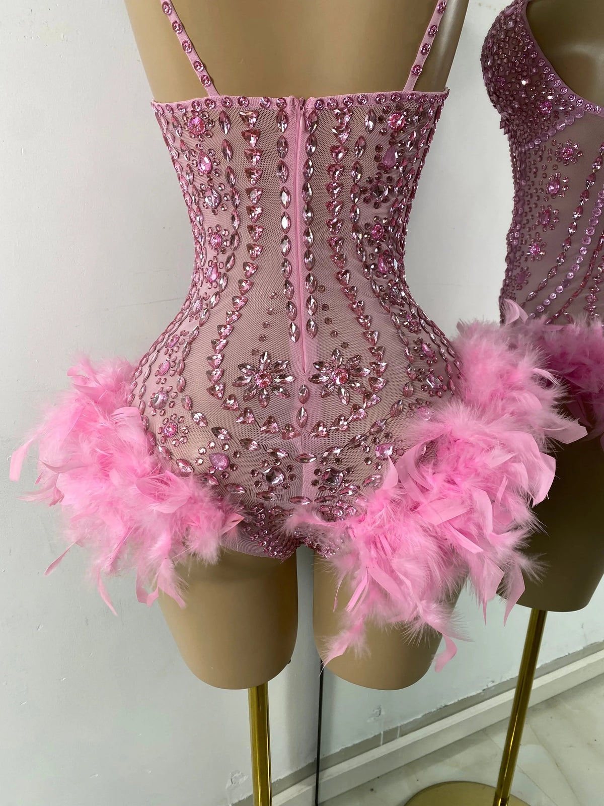 The Stardust Follies Feather Bodysuit – Luxury Rhinestone & Mesh Showgirl Costume
