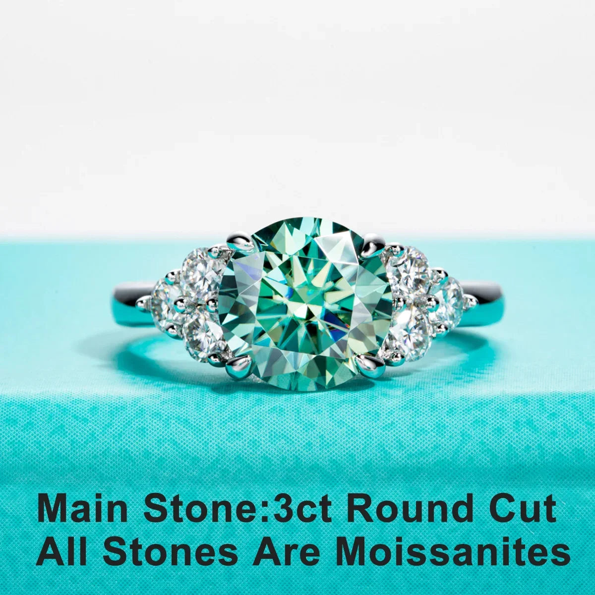 AnuJewel 3ct Round Cut Blue Green Color Moissanite Engagement Ring 18K Gold Plated Silver Luxury Wedding Ring Jewelry  Wholesale