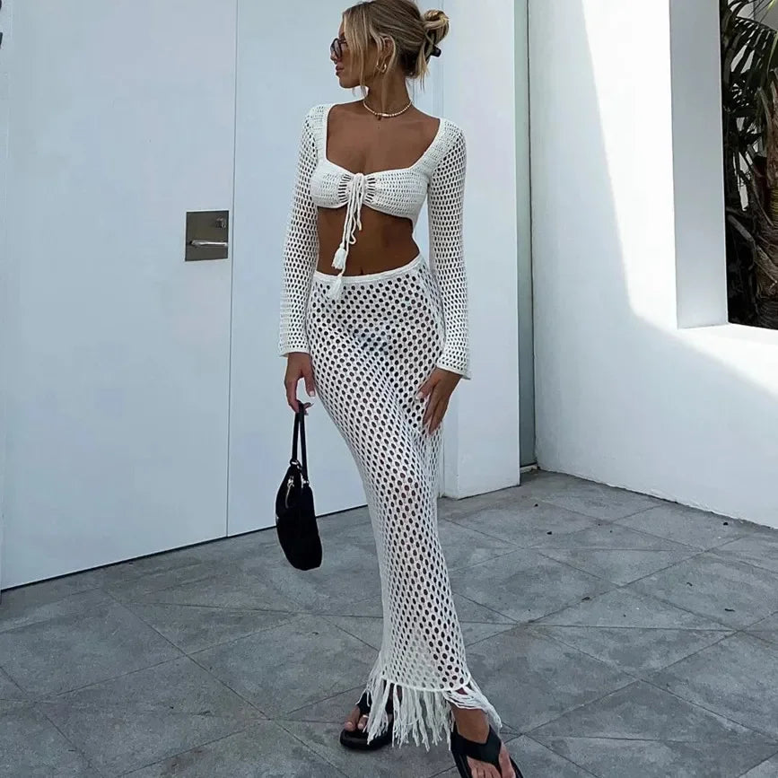 Hirigin Women Crochet Knitted Skirts Set Hollow Out Lace up Swimsuit Cover Ups 2Pcs Knitted Outfits Set Swim Beachwear