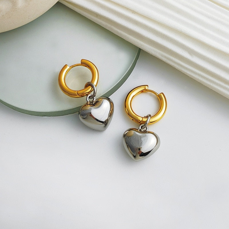 Statement Minimalist Gold Silver Color Mixed Solid Heart Pendant Hoop Earrings Street Style Korean Fashion Jewelry