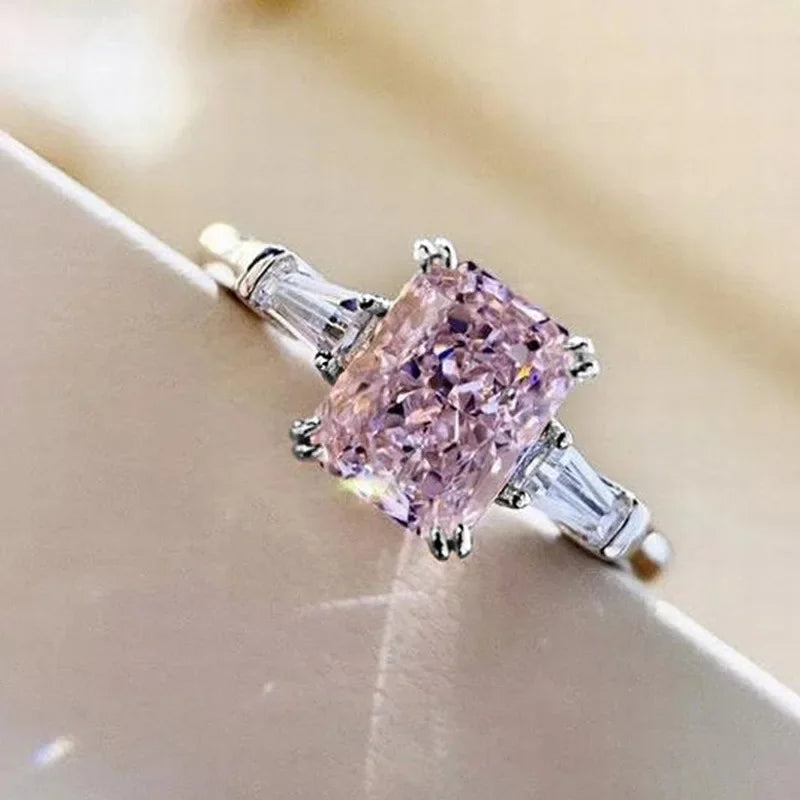 Square Pink Cubic Zirconia Wedding 925 Sterling Silver Rings for Women Romantic Bridal Marriage Party Rings Fashion Jewelry