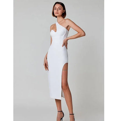 New Summer Women One Shoulder Bandage Dress Sexy Hollow Out Sleeveless Diamonds Celebrity Evening Club Party Midi Vestidos