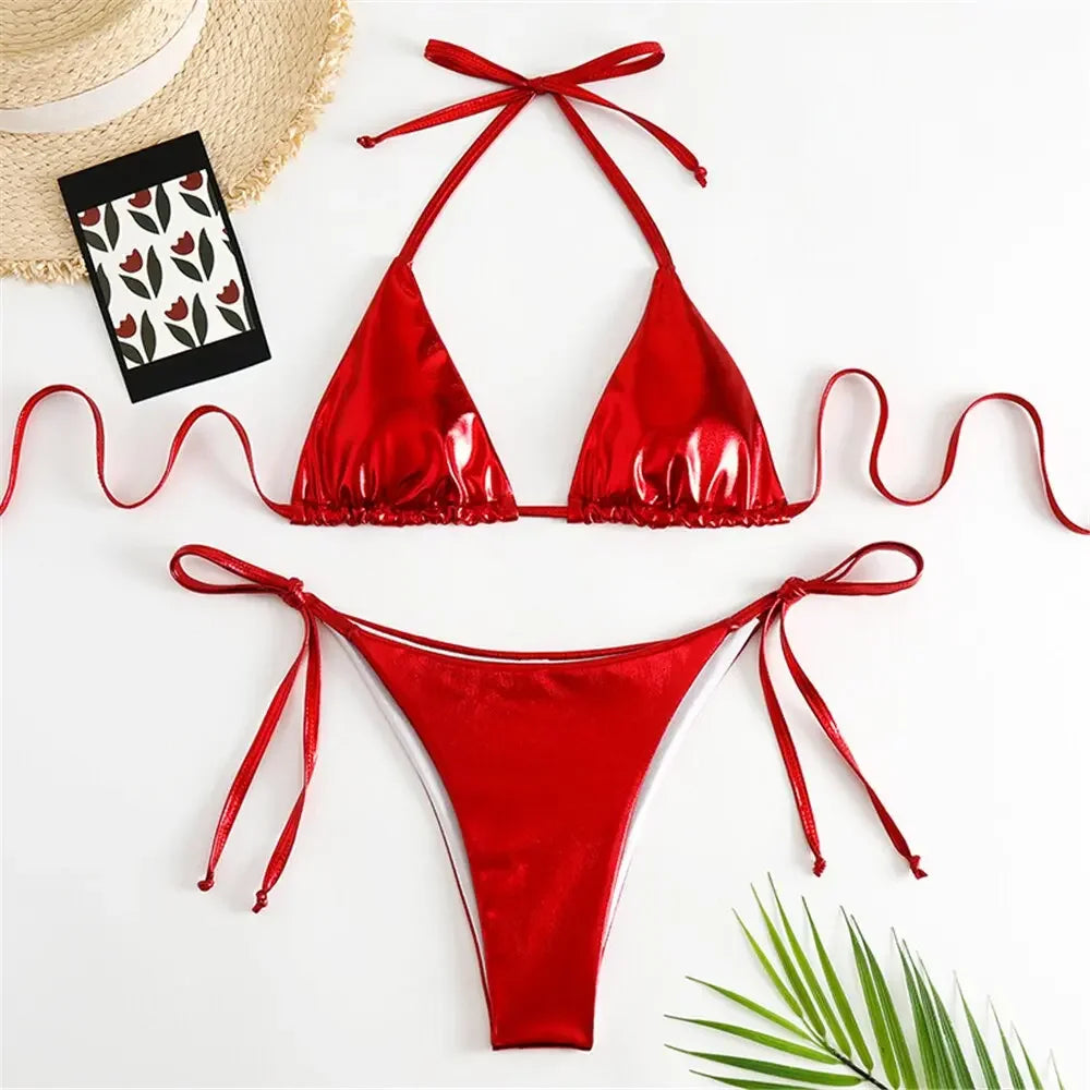 Halter Triangle Sexy Bikini Sets 2023Women Patent Leather Glitter Swimsuit Summer Solid G-String Swimwear Side Lace Up Monokini