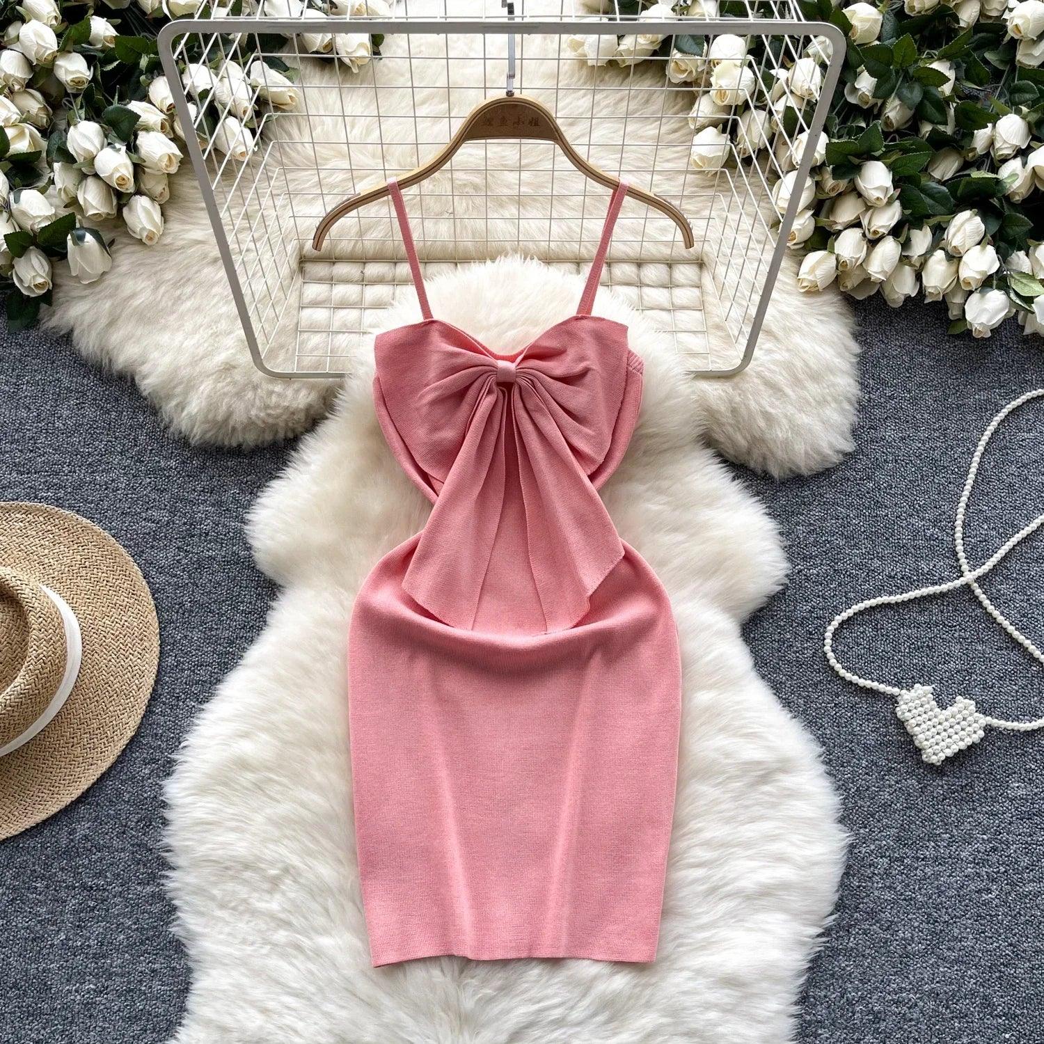 2024 Sexy Backless Lace Solid Knitted Bow Summer Dress Women Black Mini Party Dress Bodycon Sheath night Club Outfits