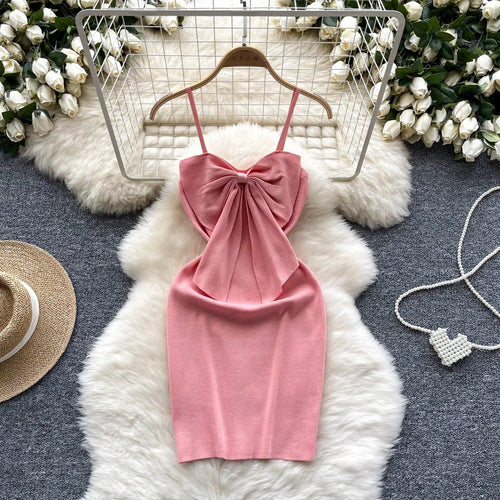 2024 Sexy Backless Lace Solid Knitted Bow Summer Dress Women Black Mini Party Dress Bodycon Sheath night Club Outfits