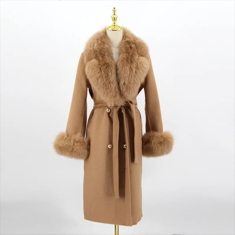 2023 New Arriva High Quality Cashmere Women Jacket With Bigger Real Fox Fur Collar And Cuffs