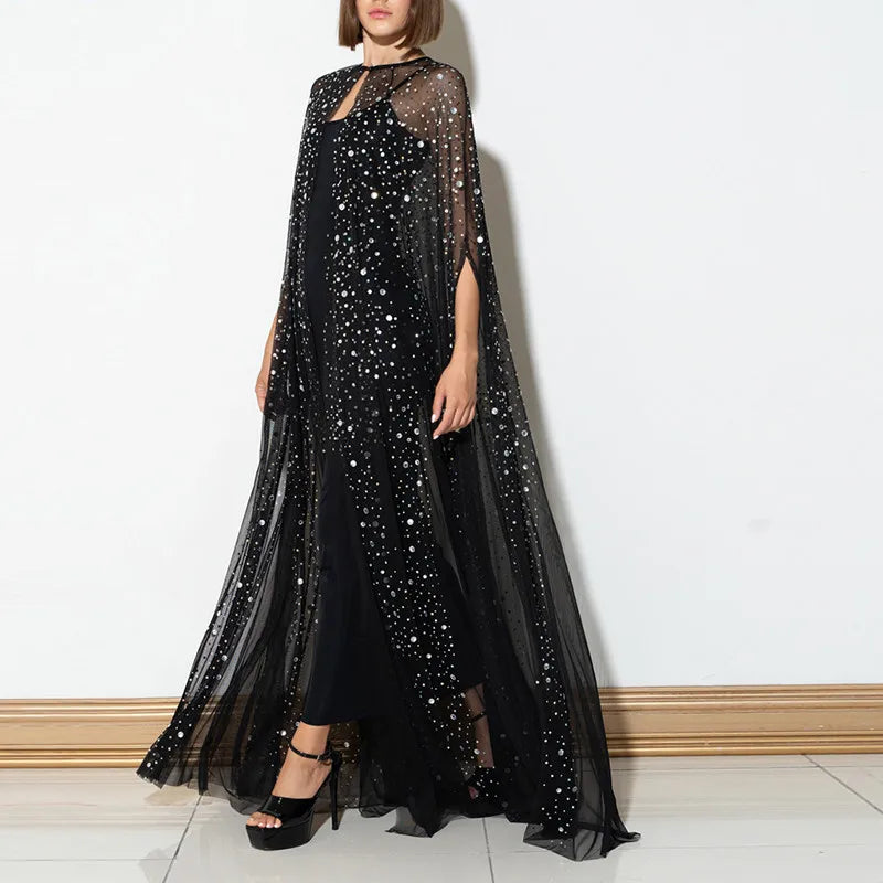 ONEINALLl Patchwork Sequins Solid Dresses For Women Round Neck Cloak Sleeve High Waist Spliced Button Long Dress Female Clothes