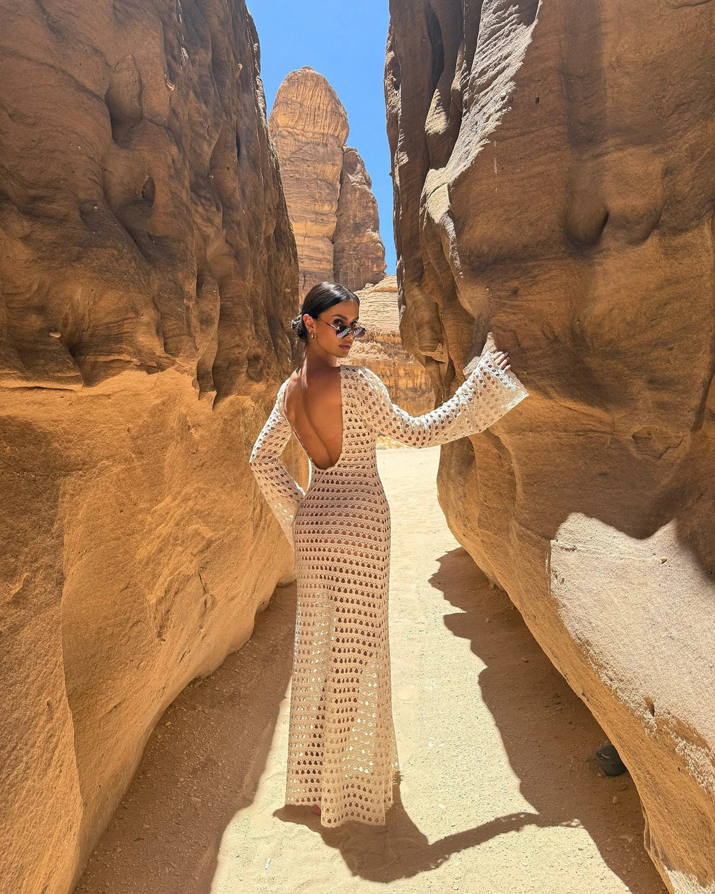 Sexy Knit Mesh Backless Long Bell Sleeve Beach Maxi Dress 2025 Women's Summer Slim Outfits Vacation Swimsuit Cover Up Tunic K205 Luxlife Brands