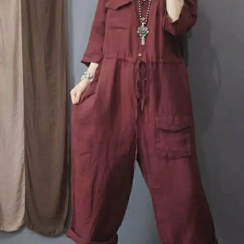 Cotton Linen Playsuit Oversize Jumpsuits Women Long Sleeve One Piece Outfit Women High Waist Pants Overalls for Women Clothes