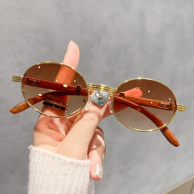 New Fashion Oval Sunglasses Men UV400 Sun Glasses Women Vintage Brand Designer Eyewear Imitation Wood Grain Sunglass Luxlife Brands