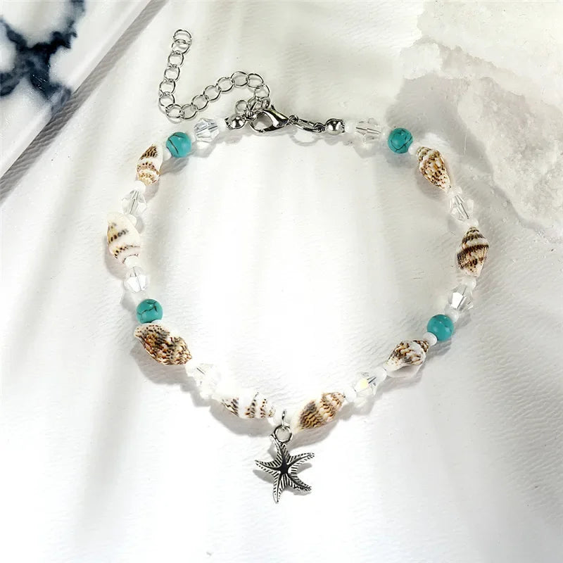 Modyle Vintage Silver Color Beads Starfish Anklets For Women Handmade Beaded Ankle Bracelet Summer Beach Foot Jewelry