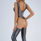 Women Sexy Oil Shiny Bodysuit Strap Solid Swimsuit High Cut Bikini Thong Leotard Thin Smooth Jumpsuit Summer Breath Nightwear Luxlife Brands