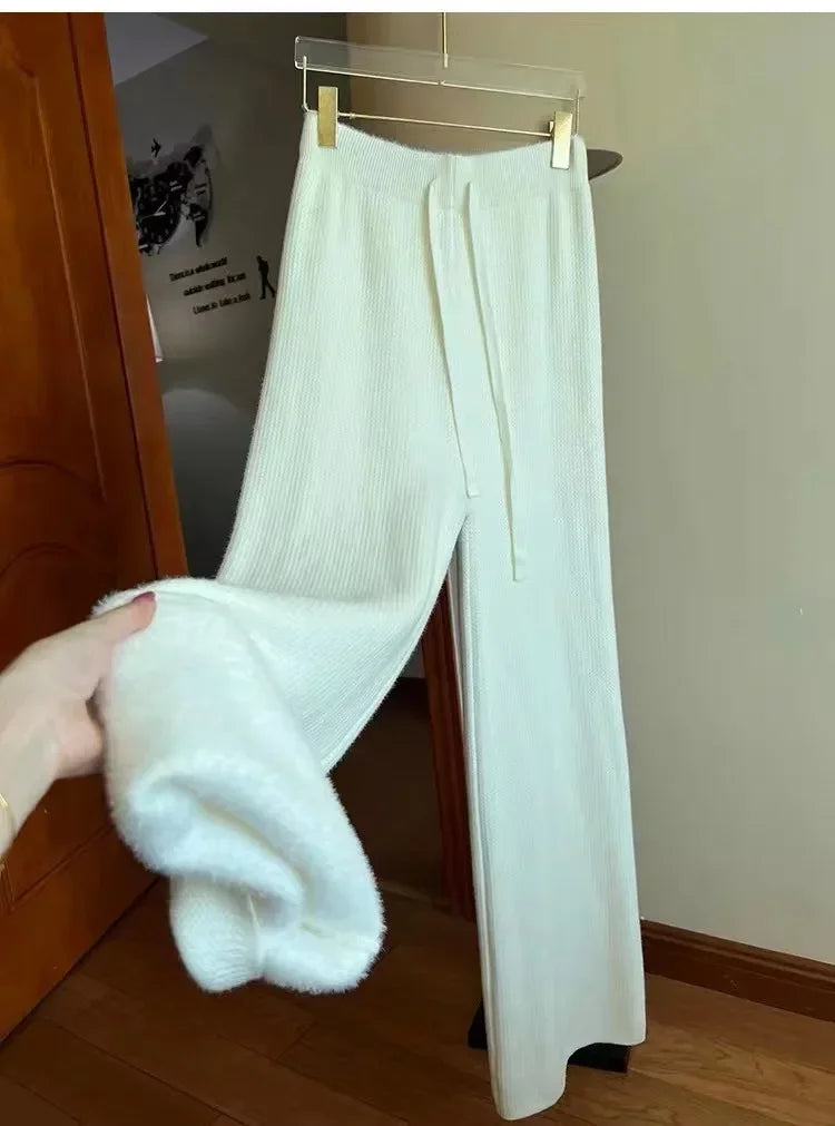 2023 Slim Simple Knit Wide-leg Pants Women's Autumn and Winter High-waisted Moped Pants Thick Casual Pants Straight Luxlife Brands
