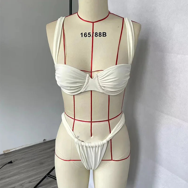 BEACHCICI Wonmen`s Shoulder Strap Low Waist Bikini Set Ladies White Sexy Lace Up Two-piece Beachwear 2023 Swimsuit LUXLIFE BRANDS